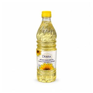 Bouteille de 1 L d’huile de tournesol raffinée Dunya sur fond blanc