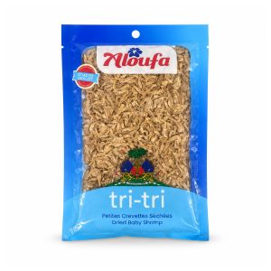 Sachet bleu de tri-tri Aloufa contenant de petites crevettes séchées